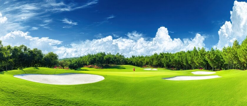 The serene golf course landscape under a bright blue sky and fluffy clouds.