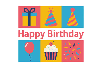Happy birthday party poster, gift box party hat balloon cupcake vector, festive greeting illustration, celebration card clipart, colorful banner elements
