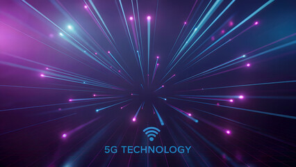  Futuristic background with glowing light trails and 5G technology symbol, illustrating high-speed network and data transmission. 5g technology