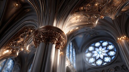 Intricate gothic cathedral interior with ornate column details and a stunning stained glass rose window, showcasing architectural elegance.