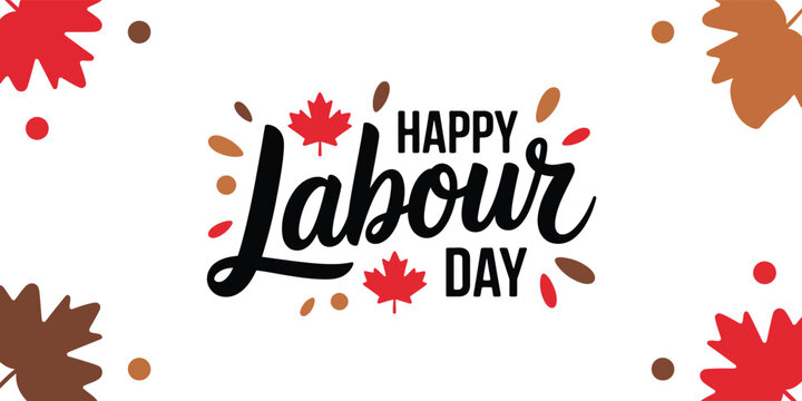 Happy Labour Day Canada greeting card featuring decorative black typography with red maple leaf accents and scattered festive dots and leaves