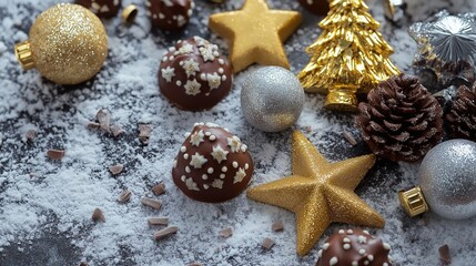 festive arrangement of holiday-themed chocolates shaped like Christmas trees, stars, and snowflakes, wrapped in shiny gold and silver foil, placed on a snowy backdrop