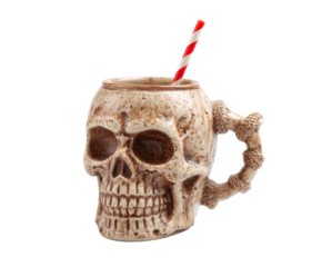 Skull mug with a red and white straw on a dark background, Halloween decor