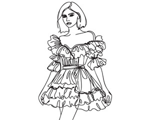 Girls in pompous dress with ruffles illustration. Fashion line sketch. Black and white
