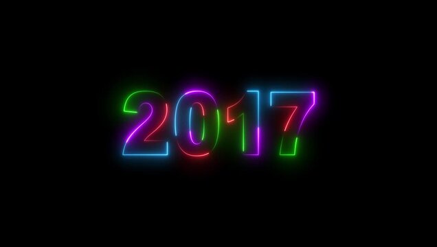 3D rendering background with multi-colored neon text 2017 on black.