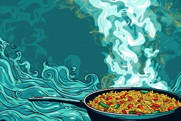 Steaming Vegetable Fried Rice in Pan, Teal Wave Background, Vibrant Cartoon Style