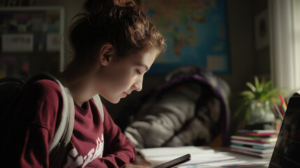 Teen girl studying at desk, backpack on, soft window light.