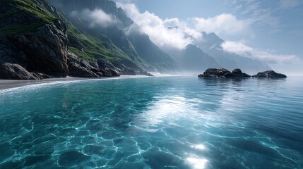 Scenic coastal landscape with clear blue waters, rocky cliffs, and wispy clouds creating a serene and picturesque environment under clear skies.