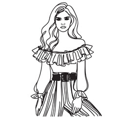 Girls abstract in top and pants with ruffles illustration. Fashion line doodles sketch