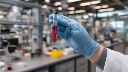Laboratory technician holding a test tube filled with red liquid in a modern scientific research facility during daylight hours