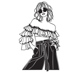 Girls in pompous top and pants with ruffles illustration. Fashion line doodles sketch