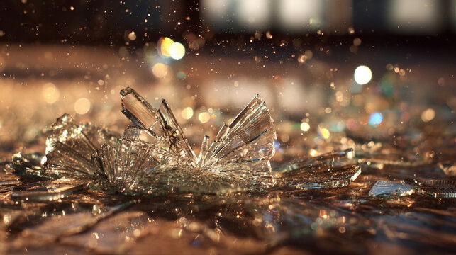 Close up of raindrops splashing on dry leaves and twigs creating sparkling water droplets