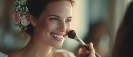 The beautiful bride enjoying a joyful makeup application before her wedding day.