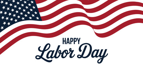 Happy Labor Day USA greeting card featuring American flag with red-white stripes and blue stars, and decorative “HAPPY Labor Day” typography
