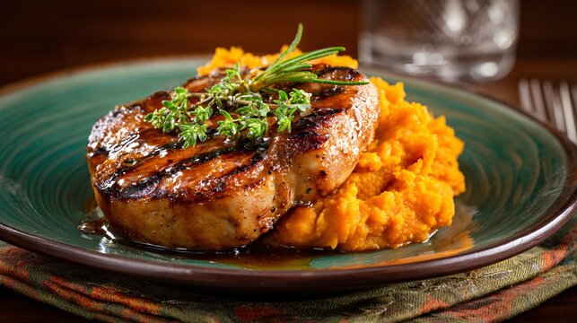 Apple-cider glazed pork chops with mashed sweet potatoes, styled on earthenware plates and seasonal napkins