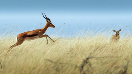 Gazelle mid leap across tall grass chased by a predator in the distance speed and tension in the air