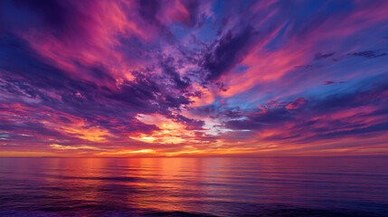 Fototapeta premium Fiery purple and pink clouds over calm ocean waters at sunset image
