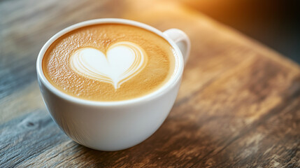 カフェの木製テーブルに置かれたハート模様のホットラテ/Hot latte with heart latte art on a wooden cafe table