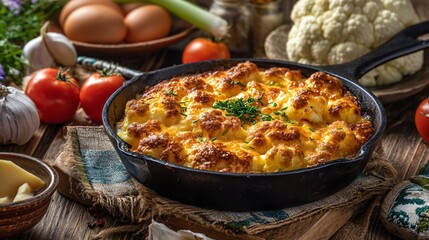 Cauliflower and cheese bake in cast iron, surrounded by ingredients and natural textiles
