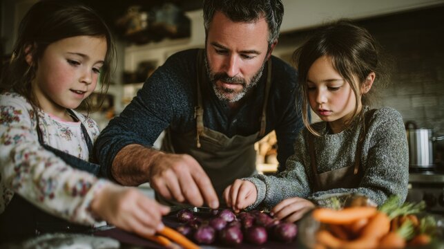 A man and two young girls prepare vegetables in a cozy kitchen. They focus on purple onions and carrots, showcasing a family cooking activity. - Powered by Adobe