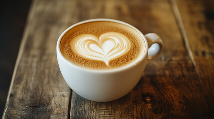 カフェの木製テーブルに置かれたハート模様のホットラテ/Hot latte with heart latte art on a wooden cafe table