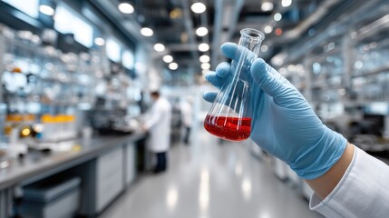 Scientist conducting experiments in modern laboratory with red liquid in flask during research activity