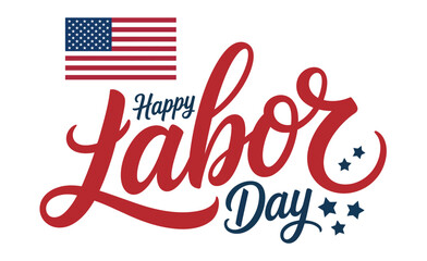 Happy Labor Day USA greeting card featuring red and blue decorative typography, four stars, and small American flag for patriotic celebration