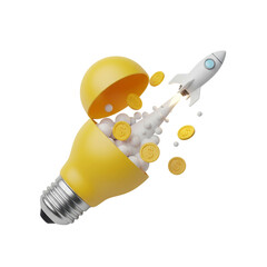 A rocket launching from a lightbulb, symbolizing a bright idea generating wealth and a successful startup. Represents innovation, business, and financial growth.