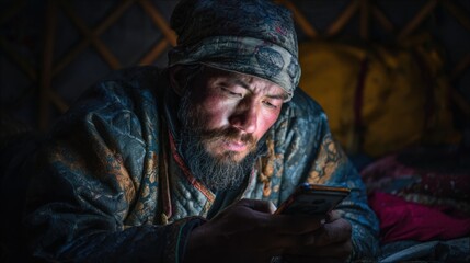 Obraz premium A middle-aged Asian man with a beard is sitting inside a yurt, focused on his smartphone. The interior is dimly lit, showcasing traditional decor.