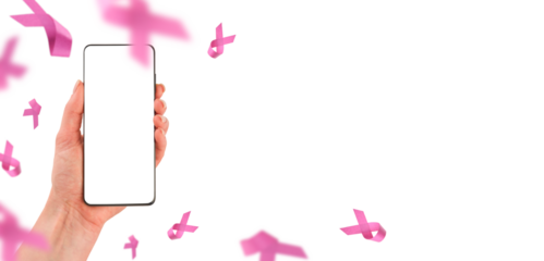 Female hand holding smartphone with blank screen and flying pink ribbon for text on pink background. Pink Breast Cancer Awareness Ribbon. October Pink day. Design element.