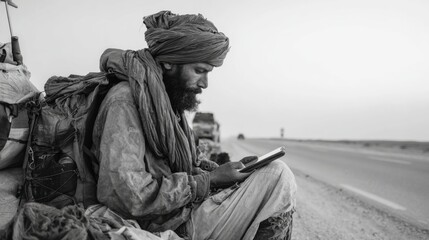 A bearded Middle Eastern man sits on the roadside, reading a book. He wears traditional clothing and has a backpack beside him. The scene is in black and white.