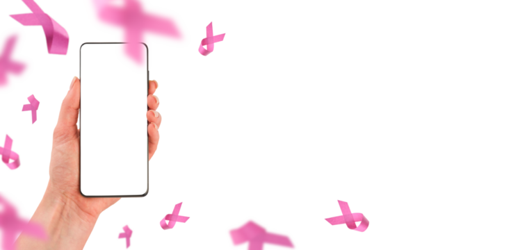 Female hand holding smartphone with blank screen and flying pink ribbon for text on pink background. Pink Breast Cancer Awareness Ribbon. October Pink day. Design element.