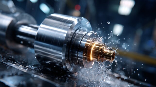 Dynamic close-up of a rotating metal part with water splashes in industrial machinery, highlighting precision engineering.