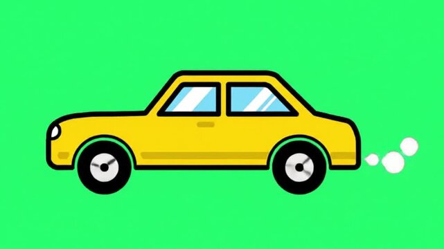A cartoon yellow car driving on a green screen background with smoke coming out