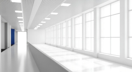 Fototapeta premium Photo of bright and empty hallway with large windows and white walls