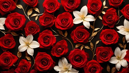 Opulent Night Bloom: Red and White Florals with Gold Accents on Black