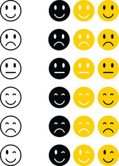 Set of smileys.Emotional rating faces from sad to happy. Feedback emoji vector set. Face smile icon positive negative neutral opinion vector signs symbol. Colorful smileys user experience survey icons