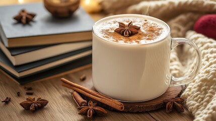 cozy winter setting with a steaming cup of chai tea topped with cinnamon and cardamom, placed near a stack of books and a knitted blanket