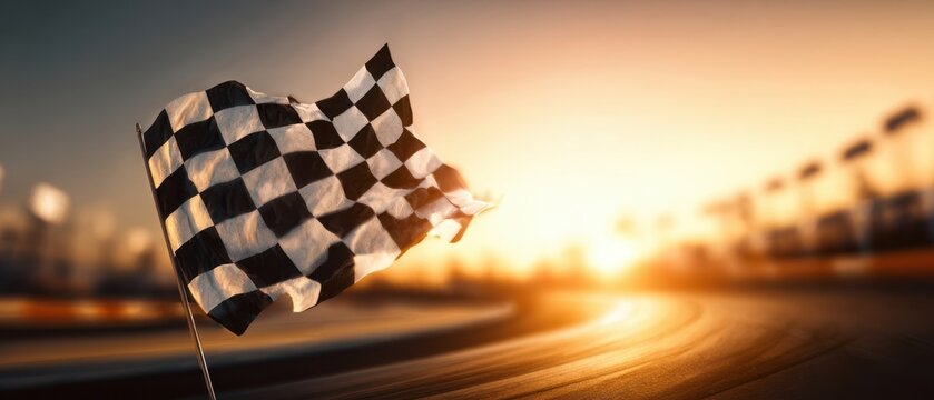 The checkered flag waving proudly at sunset on a race track.