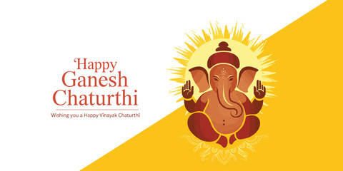 Happy Ganesh Chaturthi greeting card featuring radiant yellow-white background, Lord Ganesha with raised hands, and bilingual festive wishes