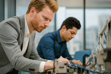 Two focused engineers collaborating on a technical project in a modern office environment with advanced equipment and tools