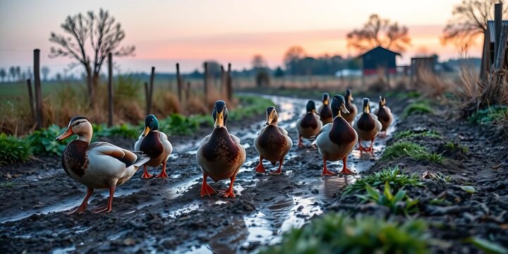Colorful ducks waddle on muddy farm path at dusk,  rural scene,  evening