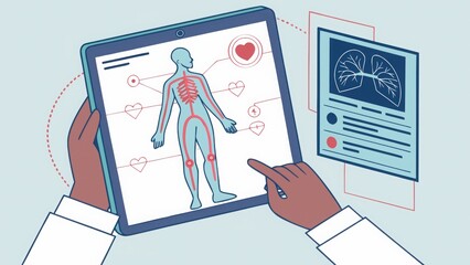 Telemedicine doctor explaining human anatomy and lungs using a tablet with simplified medical