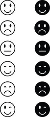 Set of smileys. Emotional rating faces from sad to happy. Feedback emoji vector set. Face smile icon positive negative neutral opinion vector signs symbol. B\W smileys user experience survey icons