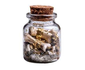 A close-up of bones and gold glitter inside a glass jar with a cork.