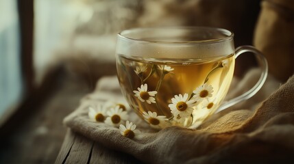 close-up of herbal tea in a transparent glass cup, with floating chamomile flowers and a rustic linen napkin on a wooden background