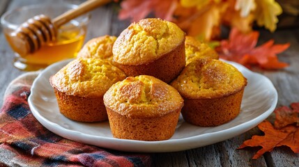 Pumpkin cornbread muffins arranged on a plate with honey dipper, harvest leaves and plaid napkin