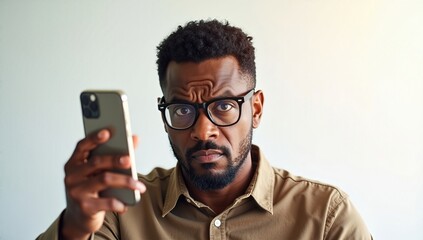 Frustrated Man Looking at Cellphone with a Confused Expression, Mobile Technology Era