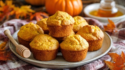 Pumpkin cornbread muffins arranged on a plate with honey dipper, harvest leaves and plaid napkin