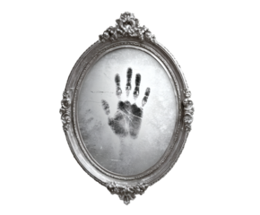 A spooky handprint on a vintage oval mirror against a black background.